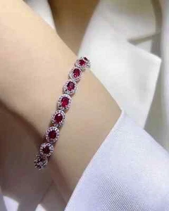 7Ct Oval Red Ruby Lab-Created Women Beauty Tennis Bracelet 14K White Gold Plated - Picture 1 of 9