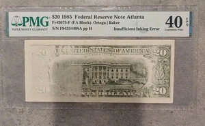 $20 1985 Federal Reserve Note Atlanta 40 EPQ, Insufficient Inking Error - Picture 1 of 4