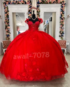 Red Quinceanera Dresses 3D Flowers Beading Sweet 15 16 Birthday Prom Ball Gown - Picture 1 of 9