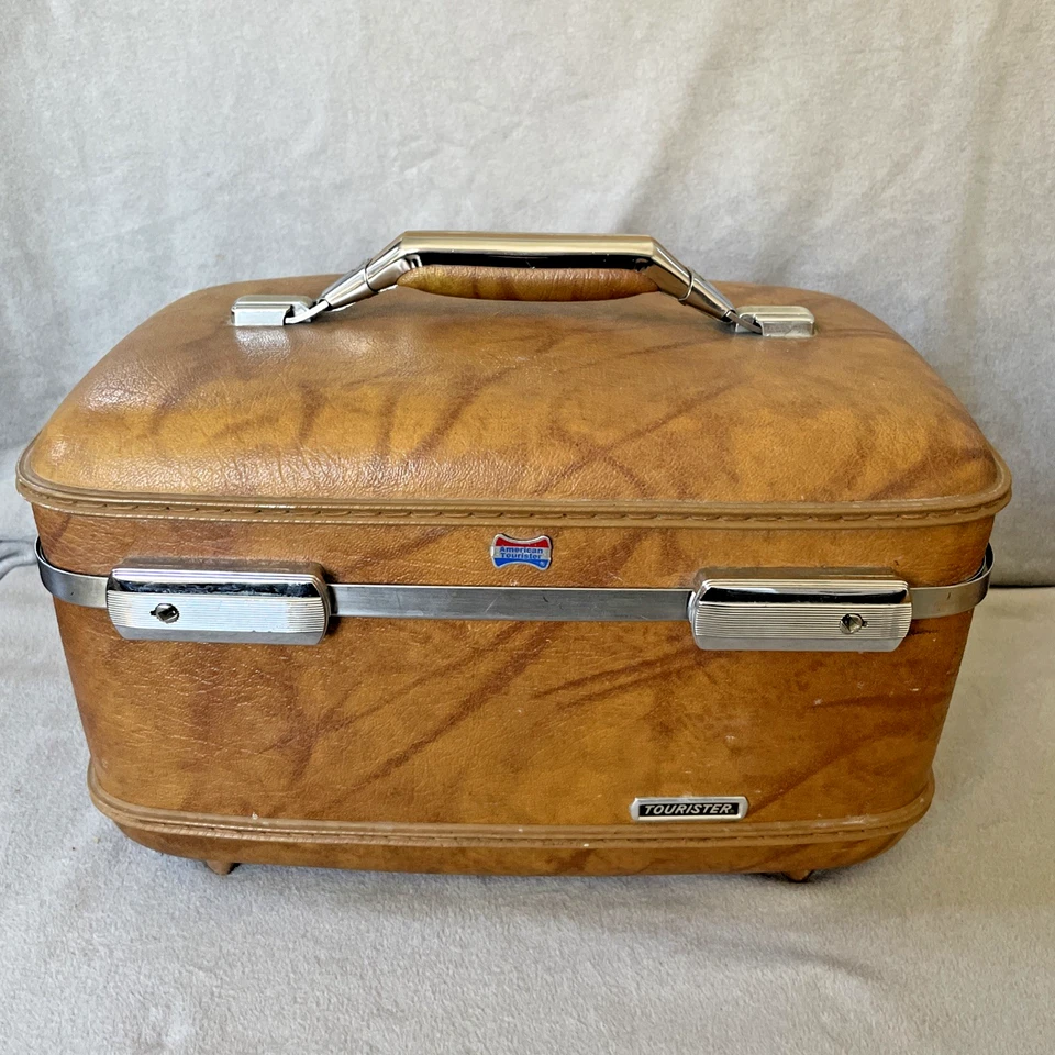 Estojo de maquiagem vintage AMERICAN TOURISTER marrom tartaruga capa dura trem viagem - Imagem 1 de 4