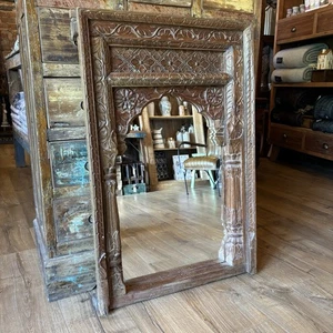 Large Vintage Indian Carved Archway Mirror - Decorative Wooden Carved Arch - Picture 1 of 5