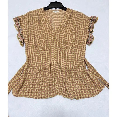 Blusa Max Studio Talla L Amarilla Geométrica Top Volantes Manga Gorra Corbata Detalle Frontal Foto 1 de 4