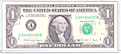 1988-A $1 FRN Uncirculated Fancy 2/4 BINARY Serial #A24424422B - Image 1 of 2
