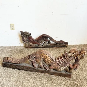 Chinese Hand Carved Dragons Sculptures - a Pair - Picture 1 of 9
