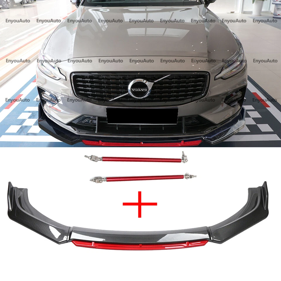 For Volvo S60 S80 S90 Front Bumper Lip Spoiler Carbon Fiber Red + Strut Rods Foto 1 de 4