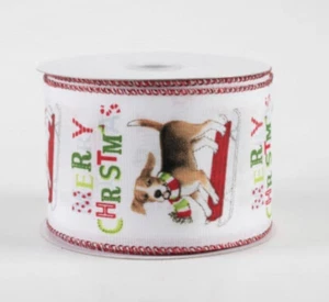 Merry Christmas Beagle Dog Red Sled Holiday Scarf 2.5" Satin Ribbon by Yard/Roll - Picture 1 of 2