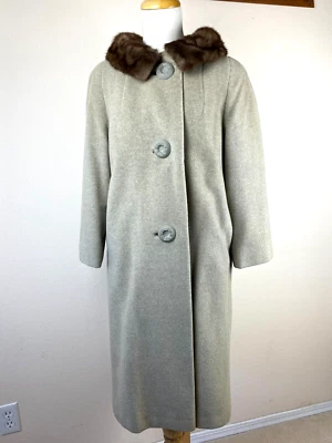 Винтажный Brentshire RegencyCore шерсти длинное пальто S светло-серый ткацкий Einiger меховой воротник - Изображение 1 из 4