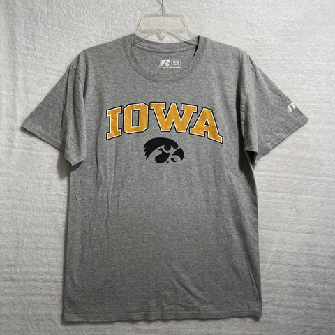 Iowa NCAA Shirt Mens Medium Gray Russell Athletics Crew Neck Short Sleeve Cover