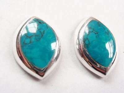 Blue Green Turquoise Almond Shaped 925 Sterling Silver Stud Earrings   - Image 1 of 3