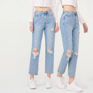 Women's Fashion Trend Hole Straight Jeans Casual Mid-Waist Hole Pants - Picture 1 of 6