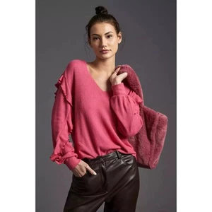 Anthropologie Pilcro Ruffled V-Neck Long Sleeve Top Raspberry Size Medium Pink - Picture 1 of 21