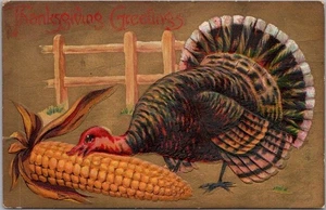 Postal vintage de Acción de Gracias en relieve pavo y oreja grande de maíz / 1909 cancelar - Imagen 1 de 2