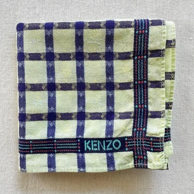 VTG Handkerchief Fabric Woven Check White Blue with Geometric Pocket Square 18" - Image 1 of 3