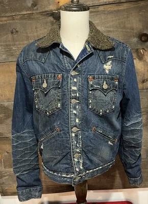 Jaqueta jeans True Religion Y2K Jimmy Sherpa caminhoneiro jeans azul L desgastada - Imagem 1 de 4
