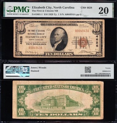 VERY NICE *RARE* Bold VF 1929 $10 ELIZABETH CITY, NC National Banknote! PMG 20! - Image 1 of 3