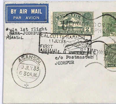 INDIA Air Mail Cover FIRST FLIGHT Asansol-Jodhpur 1933{samwells}WY50 - Image 1 of 4