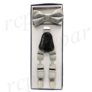 Neu Y Back Kinder Jungen Strapshalter Hosenträger Fliege Set Riemen Clip On Silber Glitzer - Bild 1 von 2