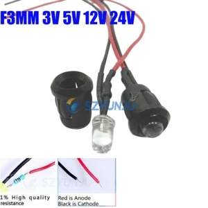 3V 5V 12V 24V 3MM LED Diode Light Clear 20cm Cable Pre-Wired With Plastic Holder - Picture 1 of 10