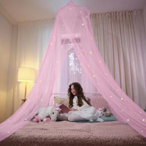 Pink Bed Canopy for Girls with Glowing Stars - Canopy Bed Curtains | Fits Single - Picture 1 of 84