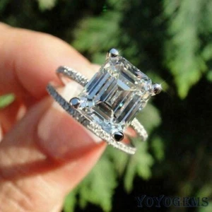 Moissanite Bridal Set Engagement Ring 2.70 CT Emerald Cut Solid 14K White Gold - Picture 1 of 7