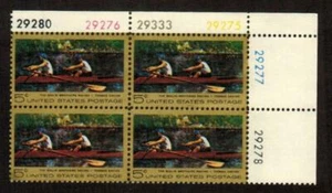1335 MNH OG Plate Block (4) 1967 5c Thomas Eakins Biglin Bros Racing $0 US Ship - Picture 1 of 1