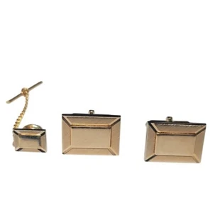 Cufflinks Tie Tack Gold Tone Rectangle Mad Mid Century Men Gangster Formal M27 - Picture 1 of 3