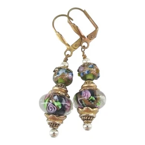 Lampwork Glass Earrings Floral Beaded Dangle Drop Pierced Vintage - Picture 1 of 4