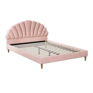 Oikiture Bed Frame Double Size Scallop-Shape Bedhead Pink Velvet - Picture 1 of 9