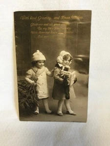 Antique Christmas Postcard Little Girls with presents and Christmas Tree - Picture 1 of 2