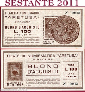 BUONO D'ACQUISTO 100 LIRE FILATELIA NUMISMATICA ARETUSA SIRACUSA 1977 FDS B27 - Imagen 1 de 1