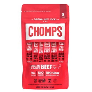 Chomps Grass-Fed and Finished Original Beef Jerky Meat Snack 8Pack,1.15oz Sticks - Picture 1 of 8