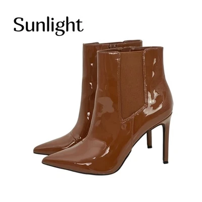 INC -Katalina 棕色漆皮高跟鞋踝靴女式 9M 弹力拼接 — 第 1/4 张图片