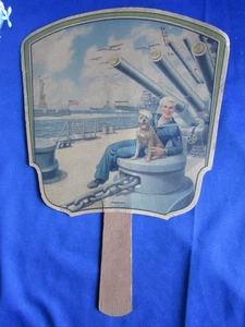 ANTIKER 20er WERBUNG HANDFÄCHER KUNST MATROSE & HUND AUF SCHIFF CHICKASHA, OKLAHOMA - Bild 1 von 8