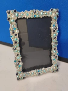 Silberfarben Blau Strass Kunstperlen Bilderrahmen Metall Tischplatte 3X5" Foto - Bild 1 von 5