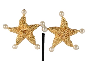 CHANEL Vintage 1993 93K Gold Metall & Perle CC Logo SEESTERN Clip-On Ohrringe - Bild 1 von 12