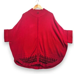 Talbots Large XL Poncho Cape Sweater Red Fair Isle Cotton Zip front Heavyweight - Picture 1 of 6