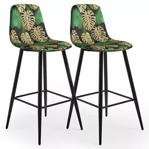 Bar Stools Set of 2, Velvet Tropical Palm Print Pair of Kitchen Stools, VonHaus - Picture 1 of 9