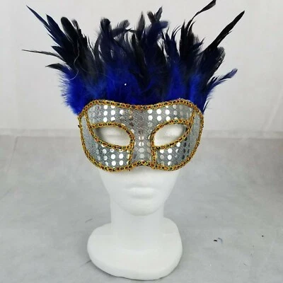 Costume Masquerade Ball Eye Mask Blue Silver Gold Trim Halloween, Feathered - Image 1 of 3