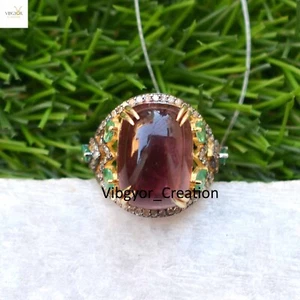 Anillo de turmalina de diamantes pavé chapado en oro plata de ley 925 joyería de esmeralda - Imagen 1 de 6