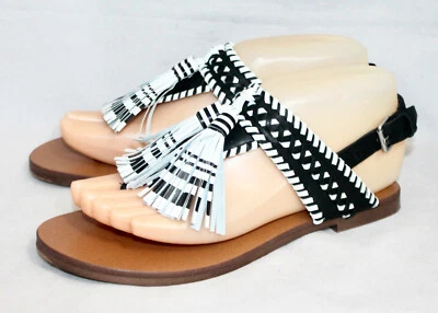 VINCE CAMUTO Rebeka Tassel Slingback Thong Sandal Wo's 6 Black & White Lthr - Imagem 1 de 4