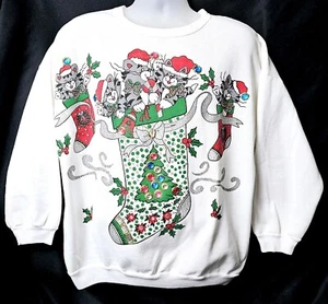 VTG Christmas Sweatshirt Jeweled Cats 1980s 2 Sided Bijo NY USA Sz 22W *spot* - Picture 1 of 13