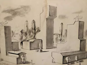 Vintage original surrealist ink drawing landscape signed - Picture 1 of 14