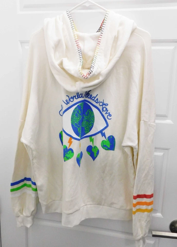 Sudadera con Capucha Lauren Moshi Lila World Eye Love Blanco Leche Tejido Suave $198rt Talla L Foto 1 de 4