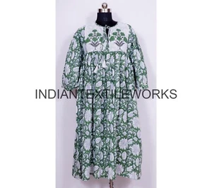 Indian Hand Block Printed Women Cotton Dress Flower Print Market Wear maxi Dress - Picture 1 of 5