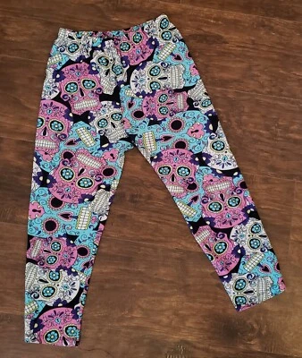 Leggings coloridas DAY OF THE DEAD Sugar Skull Halloween rosa azul tamanho único sistema operacional - Imagem 1 de 4