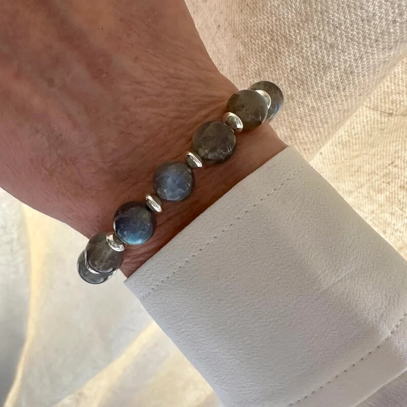 Large 10mm Round Labradorite Beaded Bracelet, Green Blue Yellow Rainbow Flash - Image 1 of 4