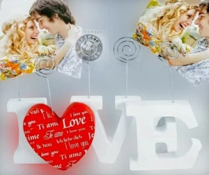 LOVE Heart Stand 5 Clip Photo Card Memo Clip Place Card Holder Red White Wood - Picture 1 of 11