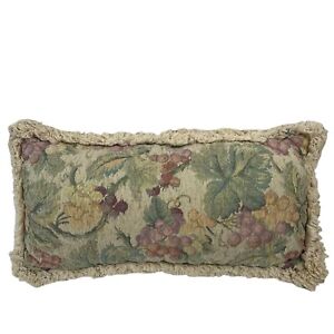 Tapestry Throw Pillow Grapes Leaves Fringe Rectangle 21” x 11” Beige