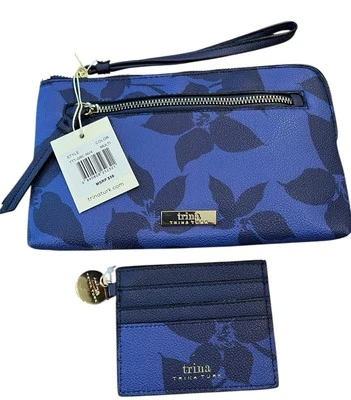 Trina Turk Royal Blue Floral Wristlet Purse CardHolder Gift Set of 2 NWT - Image 1 of 4
