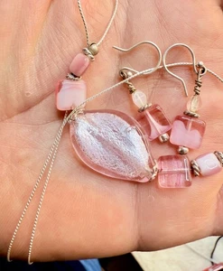 Vintage Murano Style Pink Art Glass Necklace & Earrings Set .925 Sterling Silver - Picture 1 of 7